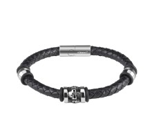 Браслет ZIPPO Three Charms Leather Bracelet, с шармами, чёрный, кожа/нержавеющая сталь, 22 см