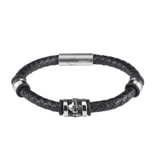 Браслет ZIPPO Three Charms Leather Bracelet, с шармами, чёрный, кожа/нержавеющая сталь, 22 см
