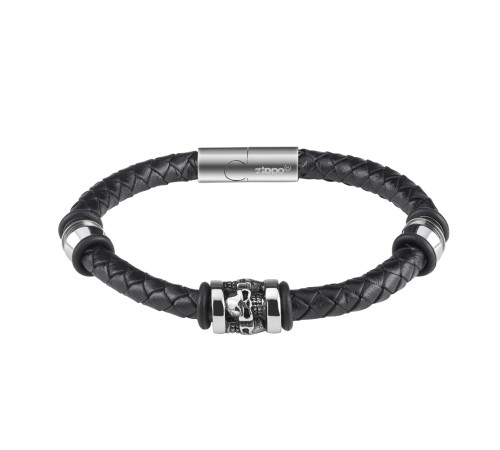 Браслет ZIPPO Three Charms Leather Bracelet, с шармами, чёрный, кожа/нержавеющая сталь, 22 см