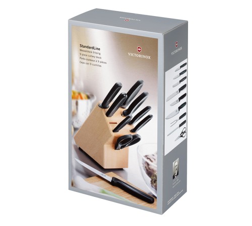 Набор из 9 столовых приборов VICTORINOX: 6 ножей, вилка д/мяса, ножницы, мусат, в буковой подставке