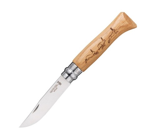 Нож Opinel №8 Animalia, нержавеющая сталь, рукоять дуб, гравировка заяц, 001623
