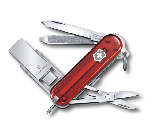 Нож-брелок Victorinox@work, 58 мм, с USB-модулем 3.0/3.1 16 Гб, 8 функций, полупрозрачный красный