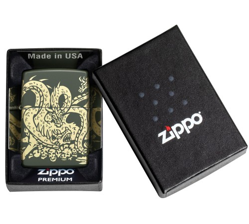 Зажигалка ZIPPO Dragon Design с покрытием Green Matte, латунь/сталь, зеленая, матовая, 38x13x57 мм