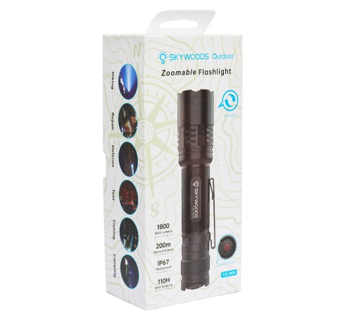 Ручной фонарь SKYWOODS TACTIC, 1800 люмен, USB-Type C, холодный свет, IP67