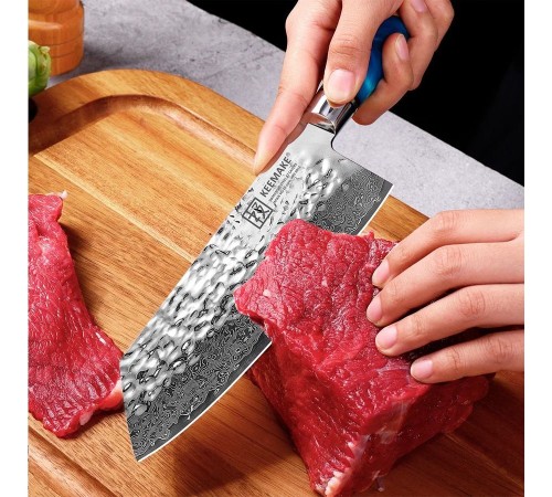 Нож из дамасской стали для овощей Keemake 7 Inch Nakiri Knife, синий + бежевый