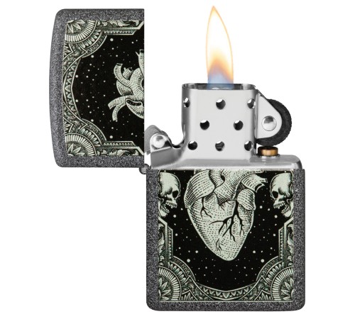 Зажигалка ZIPPO Heart Design с покрытием Iron Stone, латунь/сталь, серая, 38x13x57 мм