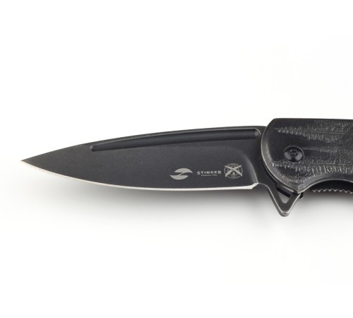 Нож складной Stinger, 82 мм (чёрный), рукоять: сталь (чёрный с медведем), картонная коробка