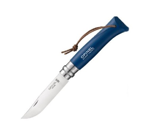 Нож Opinel №8 Trekking, нержавеющая сталь, кожаный темляк, синий, 001704