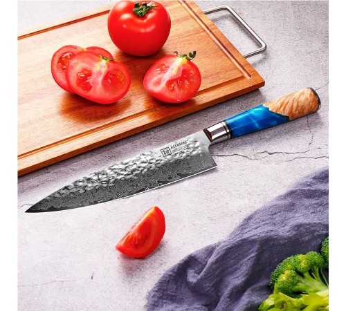 Нож шеф-повара из дамасской стали Keemake 8 Inch Chef Knife 67, синий + бежевый