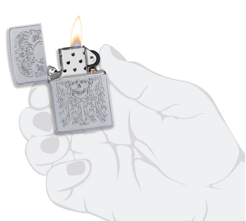 Зажигалка ZIPPO Skull Design с покрытием Satin Chrome, латунь/сталь, серебристая, 38x13x57 мм