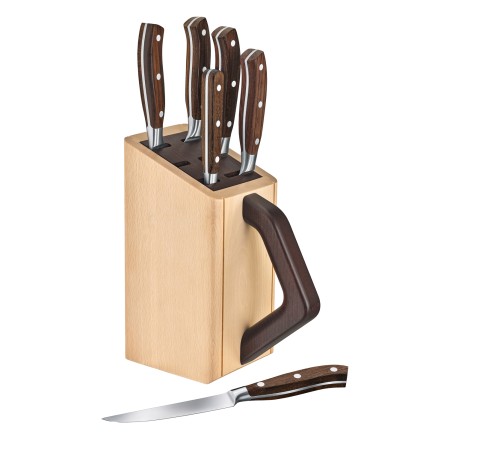 Набор из 6 кованых кухонных приборов VICTORINOX: 5 ножей и вилка, в подставке из бука