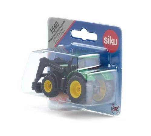 Трактор Siku 1540 John Deere с фронтальным погрузчиком для захвата брёвен