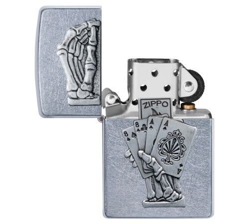 Зажигалка ZIPPO Dead Mans Hand с покрытием Street Chrome, латунь/сталь, серебристая, 38x13x57 мм