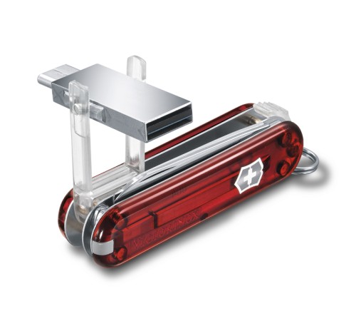 Нож-брелок Victorinox@work, 58 мм, с USB-модулем 3.0/3.1 16 Гб, 8 функций, полупрозрачный красный