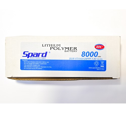 Аккумулятор Li-Po Spard 8000mAh, 7.4V, 60C, XT60, XL Hardcase (140x48x49мм) для авто 1/10, 1/8