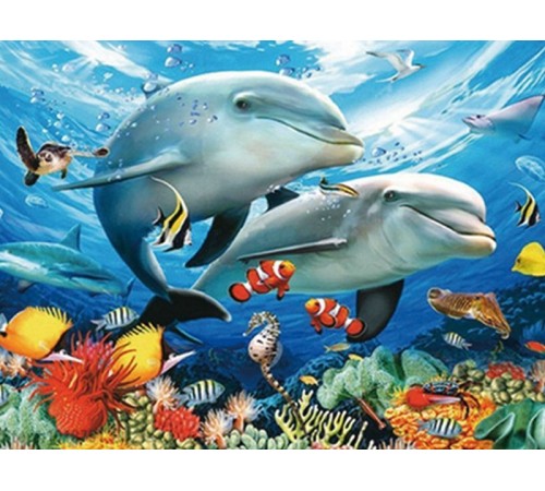 Алмазная мозаика 15х20 ДЕЛЬФИНЫ В МОРЕ (7 цветов)