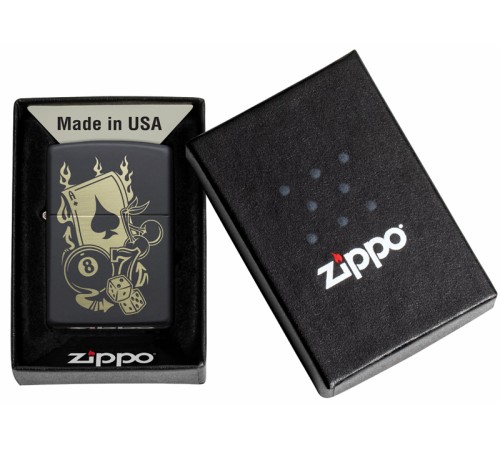 Зажигалка ZIPPO Gambling Design с покрытием Black Matte, латунь/сталь, чёрная, матовая, 38x13x57 мм