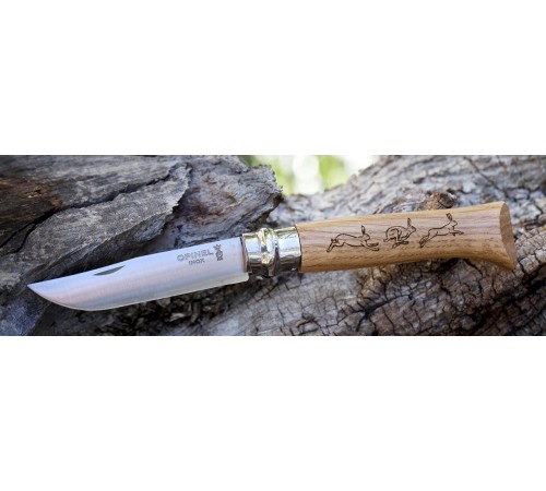 Нож Opinel №8 Animalia, нержавеющая сталь, рукоять дуб, гравировка заяц, 001623