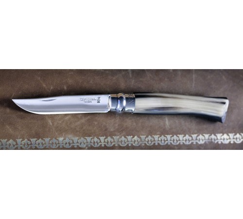 Нож Opinel №8, нержавеющая сталь, полированный клинок, рукоять светлый рог буйвола, дерев футляр, 000980