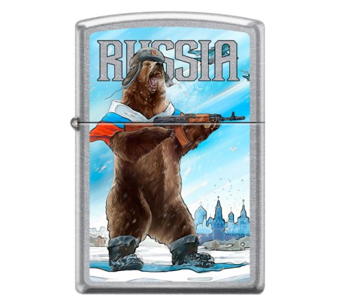 Зажигалка ZIPPO Русский медведь с покрытием Street Chrome™, латунь/сталь, серебристая, 38x13x57 мм
