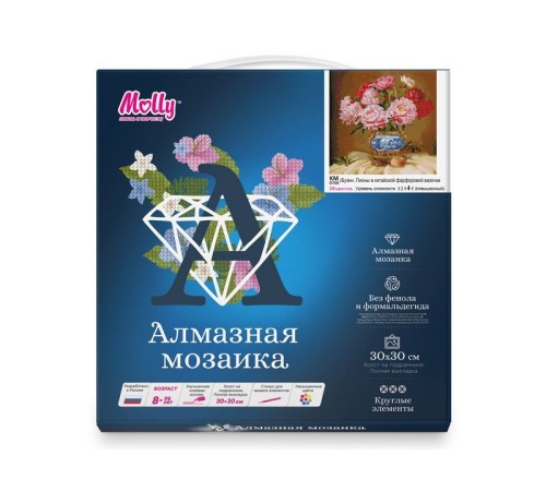Алмазная мозаика 30х30 БУЗИН. ПИОНЫ В КИТАЙСКОЙ ФАРФОРОВОЙ ВАЗОЧКЕ (26 цветов)