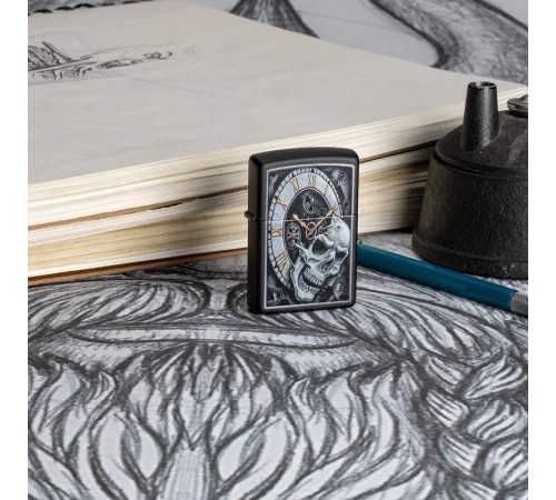 Зажигалка ZIPPO Skull Clock с покрытием Black Matte, латунь/сталь, чёрная, матовая, 38x13x57 мм
