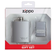 Подарочный набор ZIPPO: фляжка 89 мл и зажигалка, латунь/сталь, серебристый, в коробке с подвесом