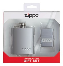 Подарочный набор ZIPPO: фляжка 89 мл и зажигалка, латунь/сталь, серебристый, в коробке с подвесом
