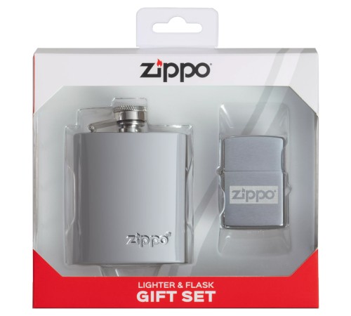 Подарочный набор ZIPPO: фляжка 89 мл и зажигалка, латунь/сталь, серебристый, в коробке с подвесом