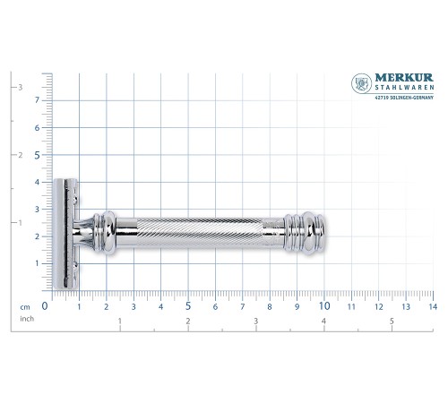 Cтанок Т-образный для бритья MERKUR 38C, глянцевое хромированное покрытие, прямой срез, закрытый гребень, длинная ручка, лезвие в комплекте (1 шт)