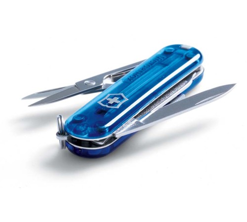 Нож-брелок VICTORINOX Signature, 58 мм, 7 функций, полупрозрачный синий