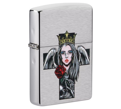 Зажигалка ZIPPO Cross, Queen & Skull с покрытием Brushed Chrome, серебристая, 38x13x57 мм