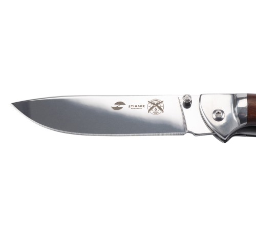 Нож складной Stinger, 105 мм (серебристый), рукоять: сталь/дерево (серебр.-корич.), коробка картон