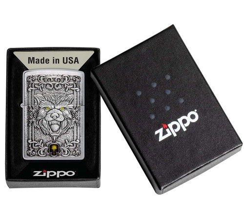 Зажигалка ZIPPO Wolf Emblem с покрытием Brushed Chrome, латунь/сталь, серебристая, 36x13x57 мм