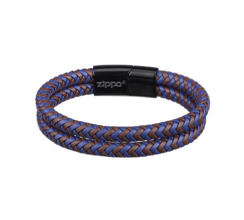 Браслет ZIPPO Braided Leather Bracelet, чёрный/коричневый/синий, плетёная кожа/сталь, 20 см