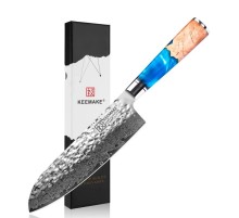 Нож сантоку из дамасской стали Keemake 7 Inch Santoku Knife, синий + бежевый