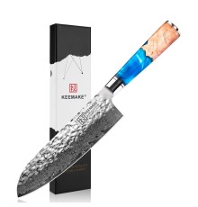 Нож сантоку из дамасской стали Keemake 7 Inch Santoku Knife, синий + бежевый