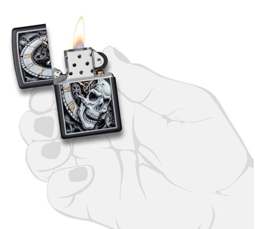 Зажигалка ZIPPO Skull Clock с покрытием Black Matte, латунь/сталь, чёрная, матовая, 38x13x57 мм