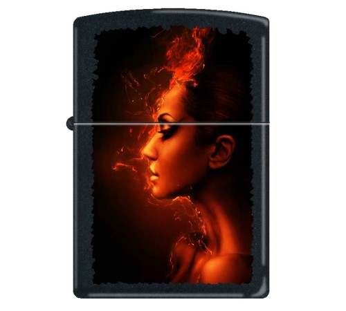 Зажигалка ZIPPO Девушка-огонь, с покрытием Black Matte, латунь/сталь, чёрная, матовая, 38x13x57 мм
