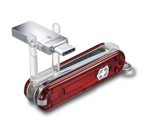 Нож-брелок Victorinox@work, 58 мм, с USB-модулем 3.0/3.1 16 Гб, 8 функций, полупрозрачный красный