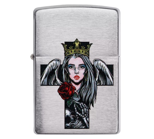 Зажигалка ZIPPO Cross, Queen & Skull с покрытием Brushed Chrome, серебристая, 38x13x57 мм