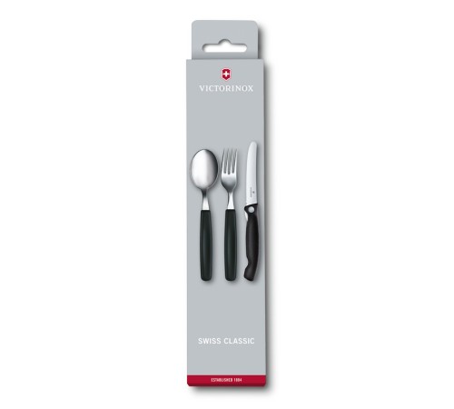 Набор из 3 столовых приборов VICTORINOX Swiss Classic: складной нож для овощей, вилка, ложка, чёрный