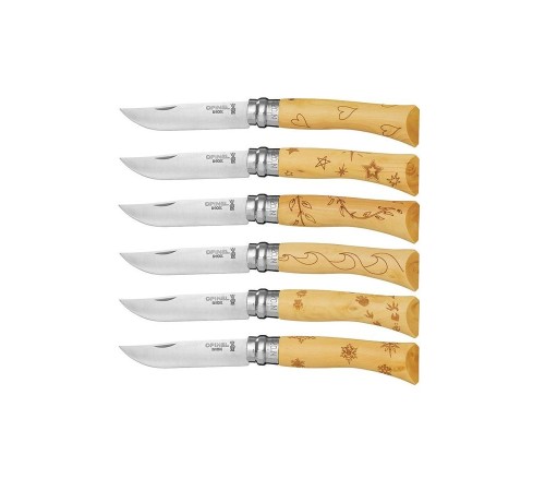 Набор в деревянной коробке из 6 ножей Opinel №7 Nature, нержавеющая сталь, рукоять самшит, гравировк, 001555