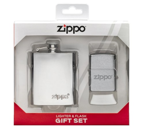 Подарочный набор ZIPPO: фляжка 89 мл и зажигалка, латунь/сталь, серебристый, в коробке с подвесом