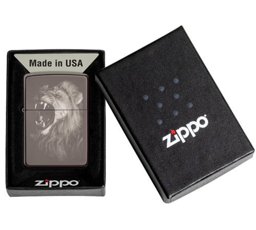 Зажигалка ZIPPO Lion Design с покрытием Black Ice®, латунь/сталь, чёрная, глянцевая, 38x13x57 мм