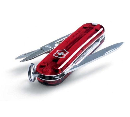 Нож-брелок VICTORINOX Signature, 58 мм, 7 функций, полупрозрачный красный