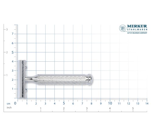Cтанок Т-образный для бритья MERKUR 42C, глянцевое хромированное покрытие, прямой срез, закрытый гребень, короткая ручка, лезвие в комплекте (1 шт)