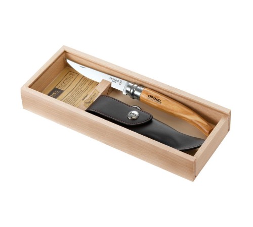 Нож филейный Opinel №10,  нержавеющая сталь, рукоять оливковое дерев, чехол, деревянный футляр, 001090