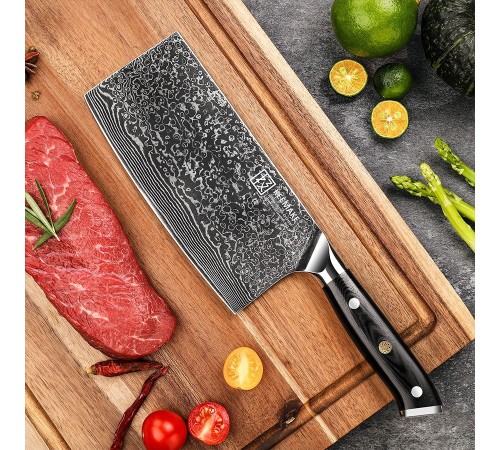 Нож из дамасской стали для мяса Keemake 7 Inch Cleaver Knife, черный