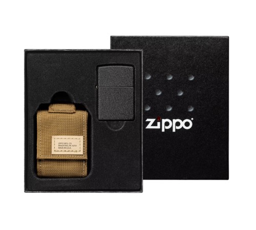 Набор ZIPPO: чёрная зажигалка Black Crackle® и коричневый нейлоновый чехол, в подарочной коробке